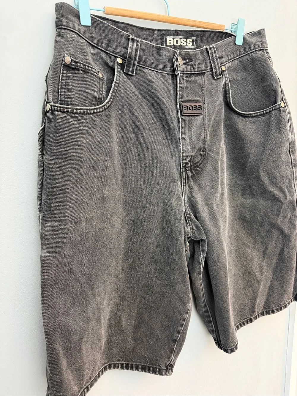 Boss Charcoal Washed Denim Cargo Jean Shorts